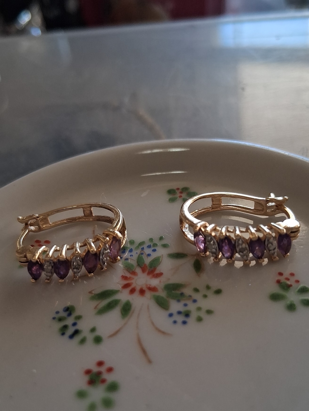Gold Over 925 Hoop Earrings with Purple Gem Accents